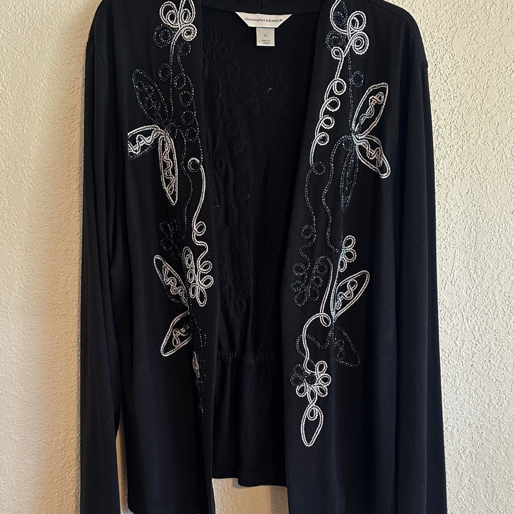 Christopher & Banks Black Cardigan with White & Black Embroidery